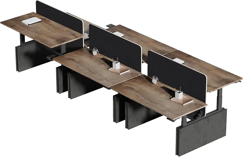 Two-Person Standing Office Desk with Built-In USB Outlet, Adjustable Computer Double Desk for 2 People, Staff Workstation with Privacy Panel & Wire Grommet, for Home/Office (Mahogany,6 person)