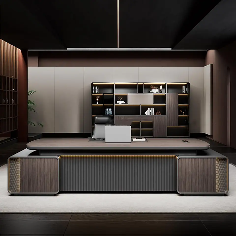 L-Shaped Wood Executive Office Desk, Computer Desk with Lateral Cabinet Gaming Study Table Business Furniture Set for CEO Boss