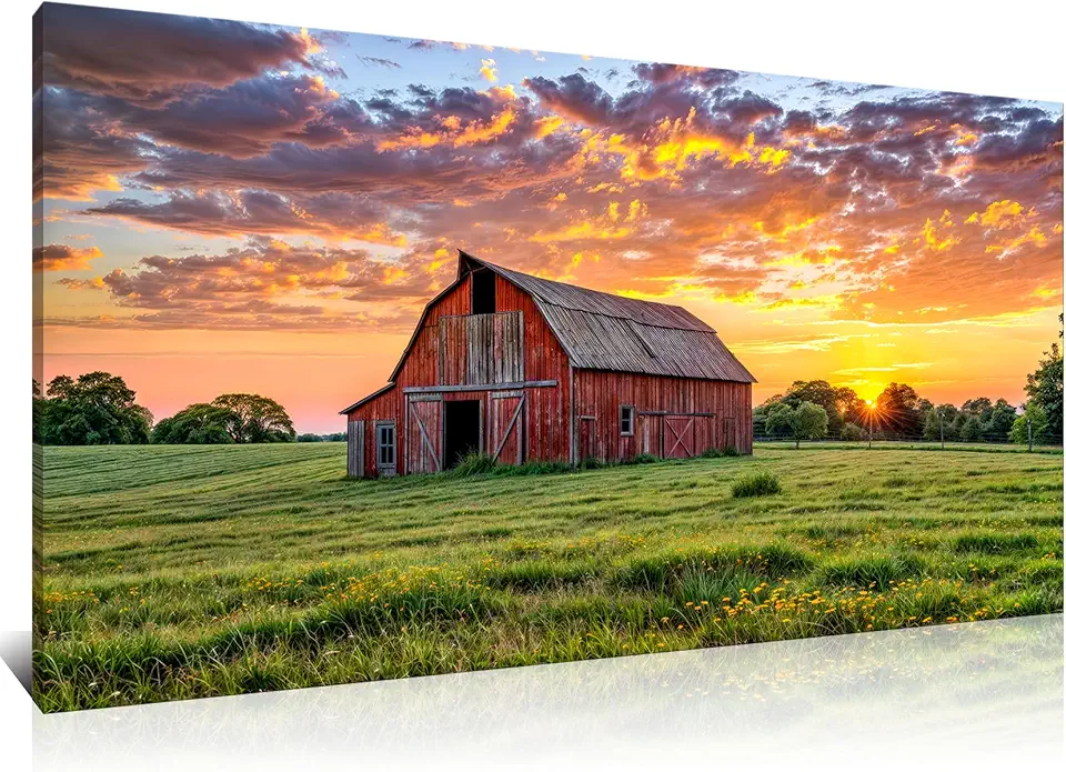 Sponsored Ad - Kalormore Farmhouse Canvas Wall Art Picture Sunset Farm Artwork Barn Landscape Field Scenes Sunset View Colorful Village Painting Picture for Kitchen Living Room Bedroom Wall Decoration Ready to Hang 20x40 inch