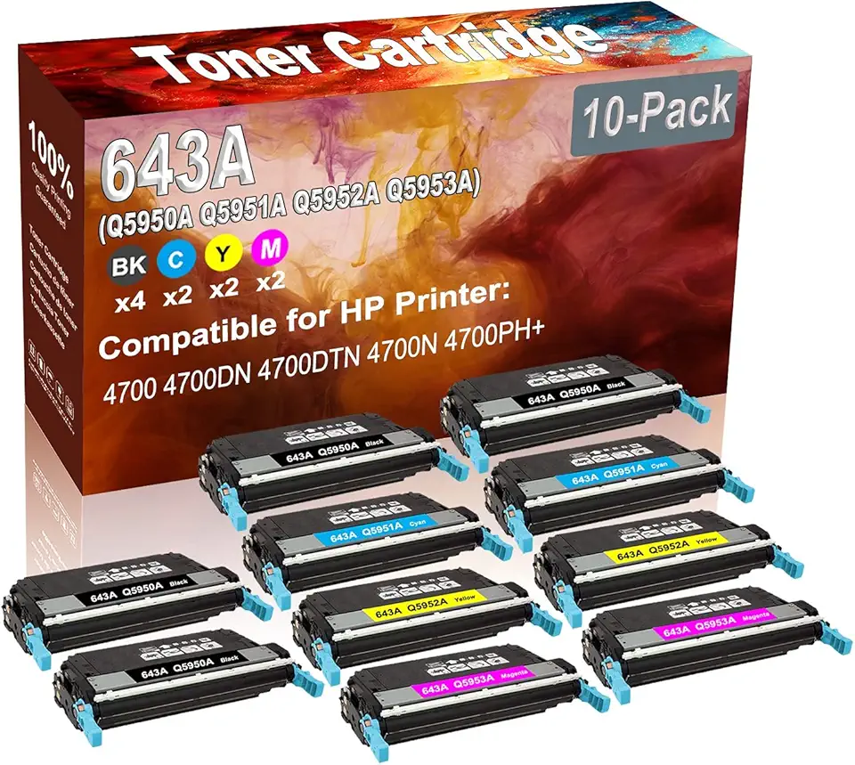 10-Pack (4BK+2C+2Y+2M) Compatible High Yield 643A (Q5950A Q5951A Q5952A Q5953A) Printer Toner Cartridge use for HP 4700 4700DN 4700DTN Printers