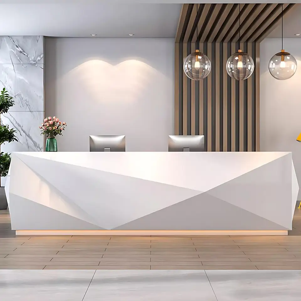 Modern Reception Desk with Counter – Front Desk Reception Counter for Office, Retail or Checkout Counter, LED Lighting, Custom Logo Panel, Fully Assembled (128IN,White)