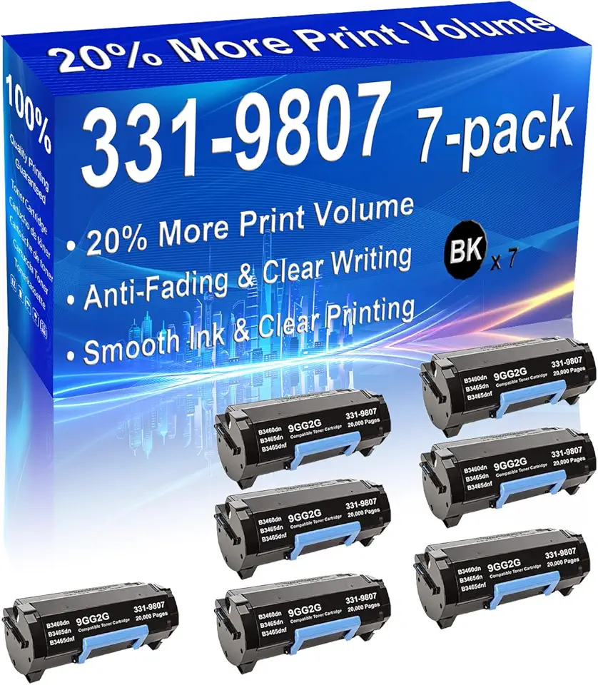 7-Pack (Black) Compatible B3460 B3460dn B3465 B3465dn B3465dnf Toner Cartridge (High Capacity) Replacement for 331-9807 Printer Toner Cartridge