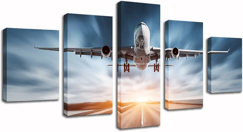 KLVOS - Xlarge 5 Panels Modern Wall Art Modern Airplane Landing on the Airport Abstract Office Wall Decor Canvas Printed Stretched and Ready to Hang 32