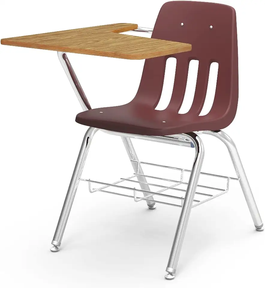 Virco 9700BR Classroom Chair Desk (20 Desks) Ideal for Schools and Students from 5th Grade - Adult, Chrome Frame with Bookrack, Wine Seat - Medium Oak Top