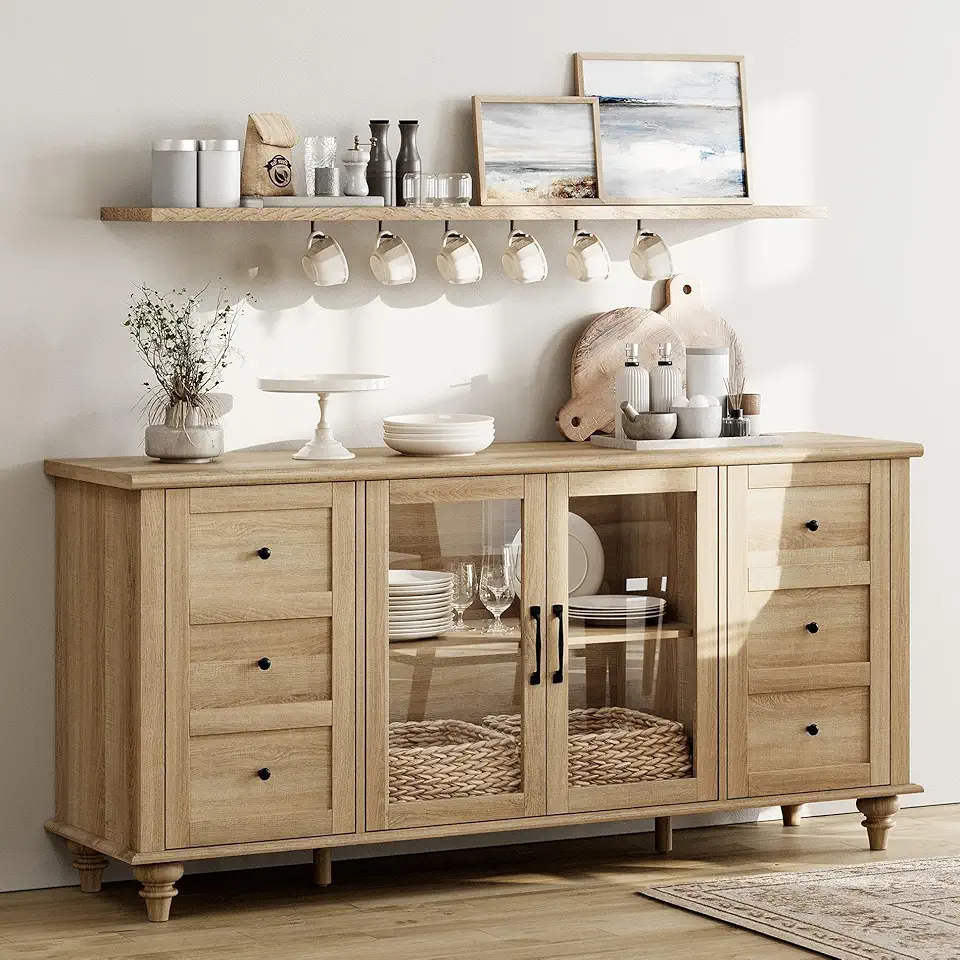 WAMPAT Farmhouse Sideboard Buffet Cabinet with Glass Door & Adjustable Shelf, Wooden Coffee Bar Table with Solid Wood Leg, Kitchen Storage Cabinet for Dining Room, Oak, 58 Inch