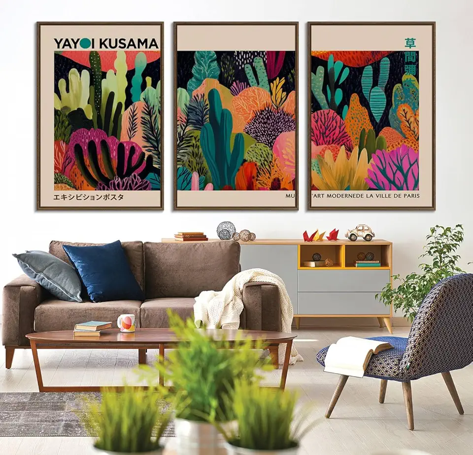 Framed Canvas Wall Art – Abstract Polka Dot Design, Modern Home Decor 3 Panel Floating Frame/Walnut / 90