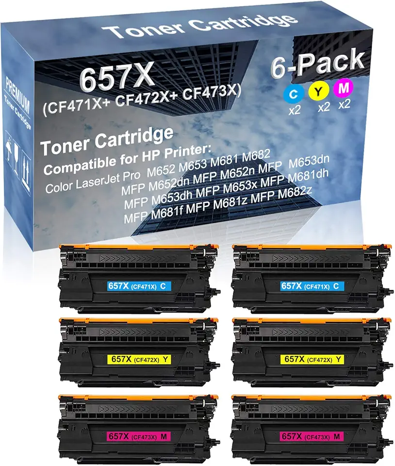 6-Pack (2C+2Y+2M) Compatible MFP M652n, MFP M653dn, MFP M653dh, MFP M653x Printer Toner Cartridge High Capacity Replacement for (CF471X+ CF472X+ CF473X) 657X Toner Cartridge
