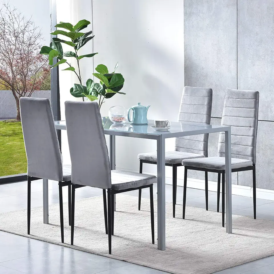 5 Piece Modern Grey Dining Table and Chairs Set of 4 for Small Kitchen, Glass Tempered Rectangular Table and 4 Grey Velvet Chairs for Small Dinette Apartment Space Saving