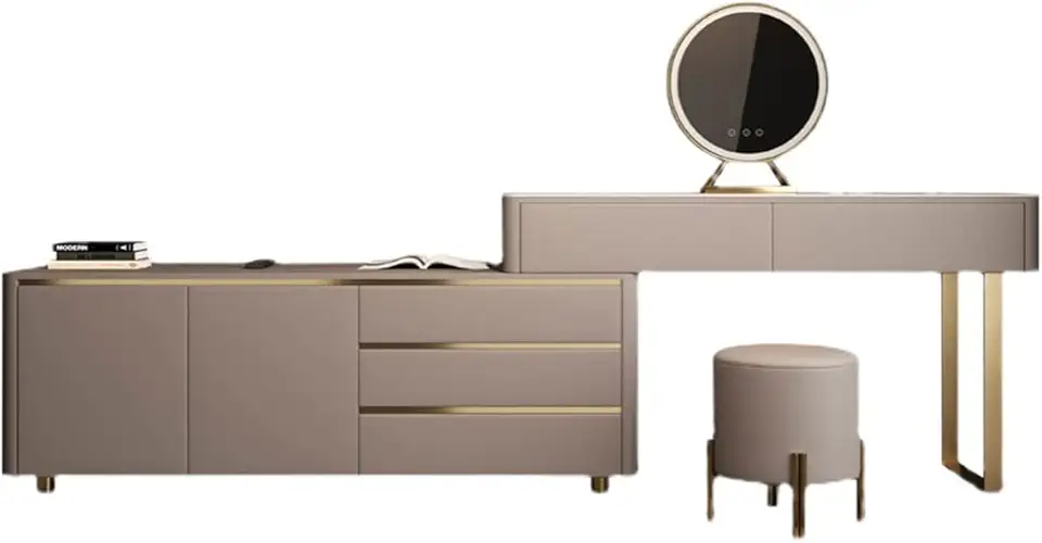 Vanity Dressing Table Set Luxury Makeup Bench with 3 Colors Led Hd Mirror,Comfortable Stool Drawers Cabinet,Modern Simple Style,for Girl's Gift (Size : 100cm+160cm) ()