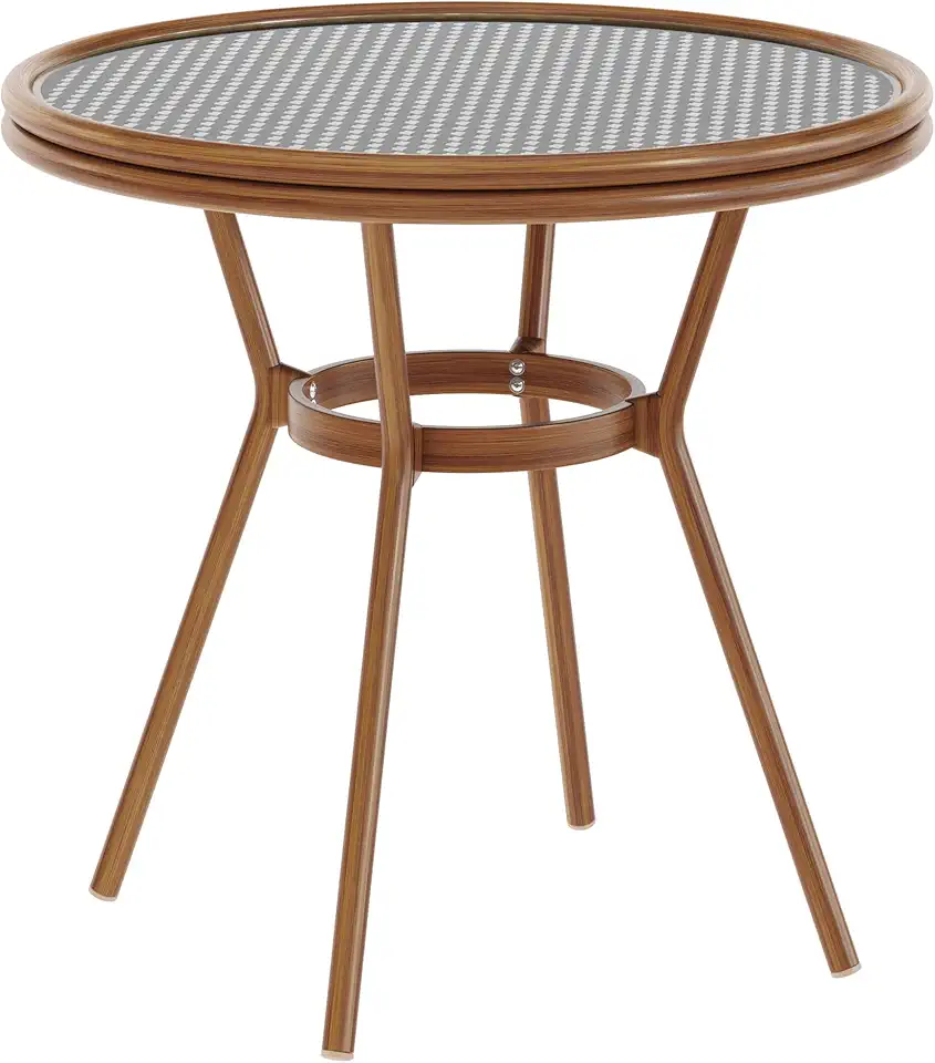 Flash Furniture Lourdes Indoor/Outdoor Commercial Bistro Table - Tempered Glass Top - PE Rattan - Natural Bamboo Print Aluminum Frame - 31.5