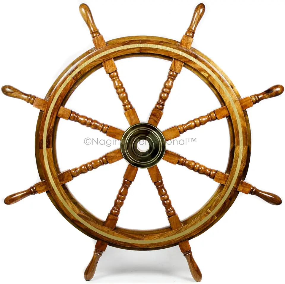 Nagina International Wooden Nautical Captain's Steering Ship Wheel With Brass Ring & Hub - Pirate Home Ocean Beach Decor Gift - Nursery Wall Hangings (72 Inches)