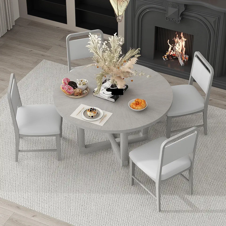 5-Piece Round Dining Table Set for 4 with Upholstered Chairs, Wood Dining Table Set with Radial Wood Grain Design Top for Dining Room and Kitchen