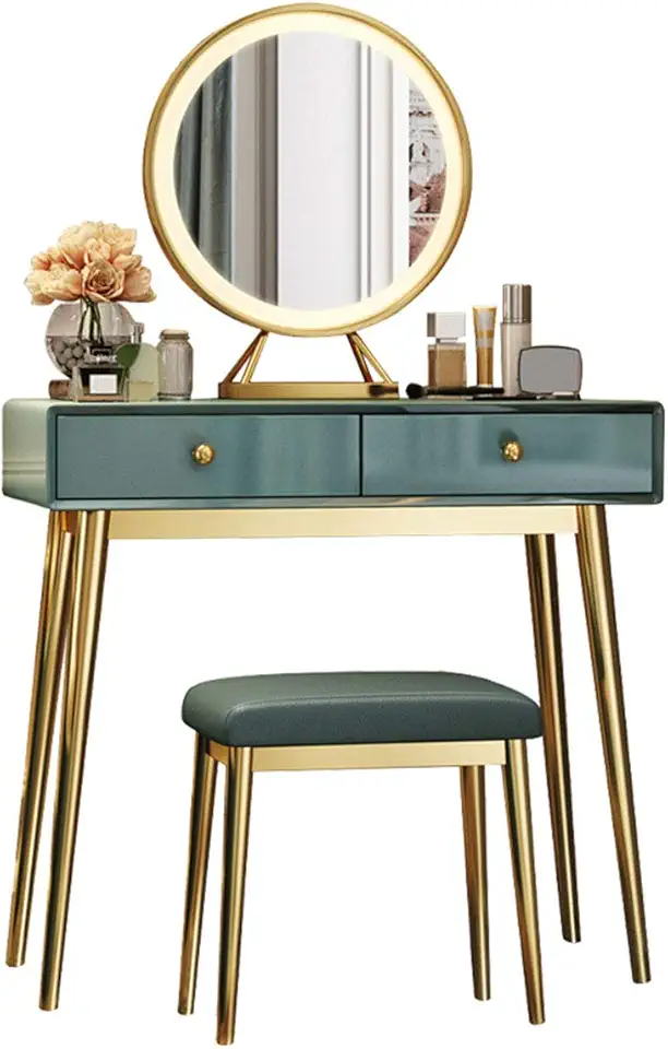 Dressing Table with Cushioned Stool LED Lights Mirror and with 2 Drawers Make-Up Organizer Bedroom Desk Vanity Dresser Table Set Adjustable Brightness Mirror 100CM