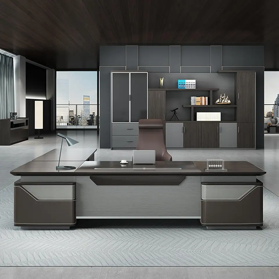 Rectangular L Shaped Desk Writing Study Desk Computer Desk with Storage Cabinets for Home Office, 2.4m