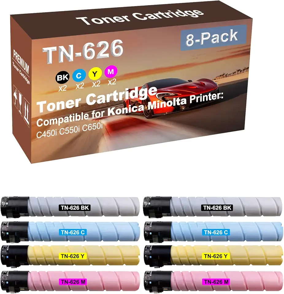 8-Pack (2BK+2C+2Y+2M) Compatible High Capacity TN626 TN-626 (TN626BK+ TN626C+ TN626Y+ TN626M) Toner Cartridge Used for Konica Minolta Bizhub C450i, C550i, C650i Printer