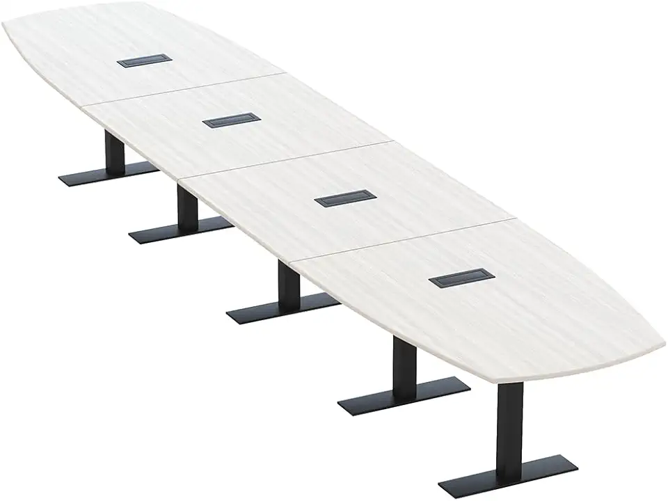 SKUTCHI DESIGNS INC. 20' Large Arc Boat Modular Conference Table with Data and Power | 20 Person Boardroom Table |Metal T Bases | Harmony Series | White Cypress with Matte Black Base