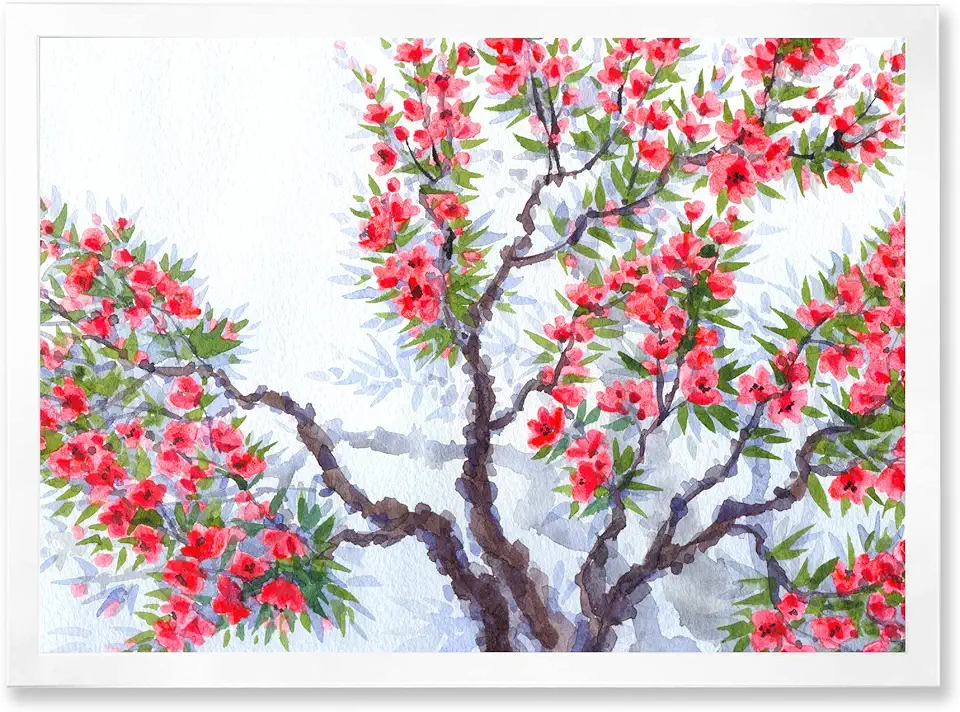 Red Flowers of Spring Tree Traditional Framed Wall Art