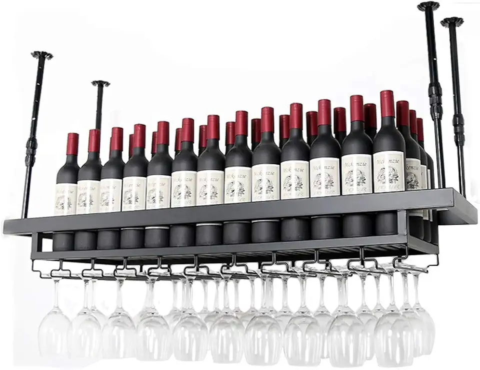 Wine Storage Rack Wine Bottle Rack Hanging Wine Shelf Hanging Shelves Iron Art Stemware Holder Glass Cup Hangers Rack Holder for Home Bars Restaurants Hang Rod Height Adjustable (60×30cm)