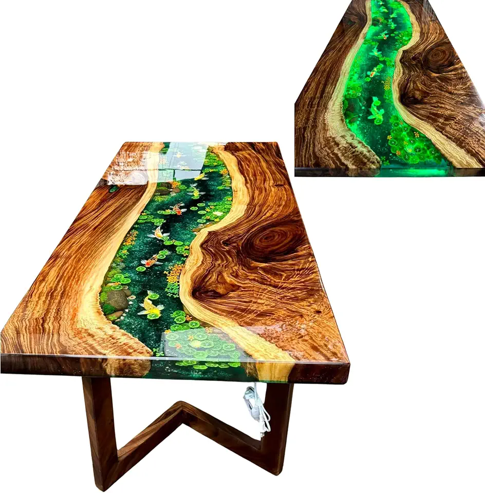 Glowing Koi Fish Table Coffee, Table Koi Resin, Living Room Table Resin, Resin Koi Fish Table Sofa, Koi Painting, Koi Fish Resin Dining Table, Handmade Table (40x80 inch, Table Legs 19 or 30 inch)