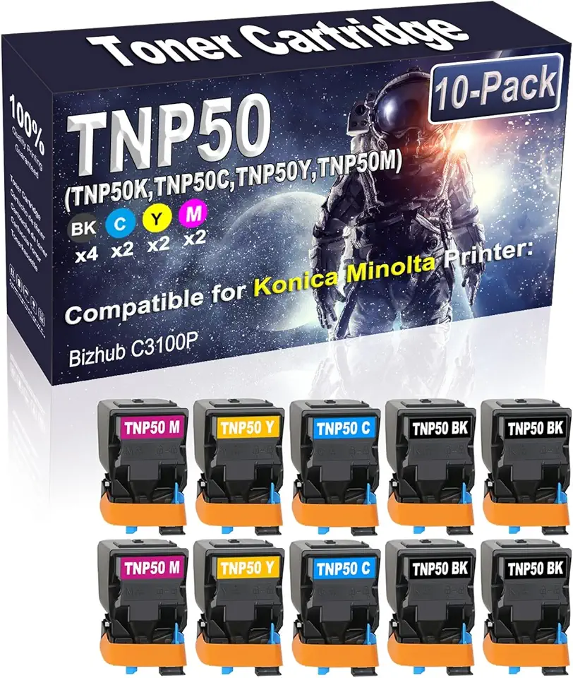 10-Pack (4BK/2C/2Y/2M) Compatible TNP50 TNP-50 (TNP50K TNP50C TNP50Y TNP50M) Laser Toner Cartridge Replacement for Konica Minolta Bizhub C3100P Printer