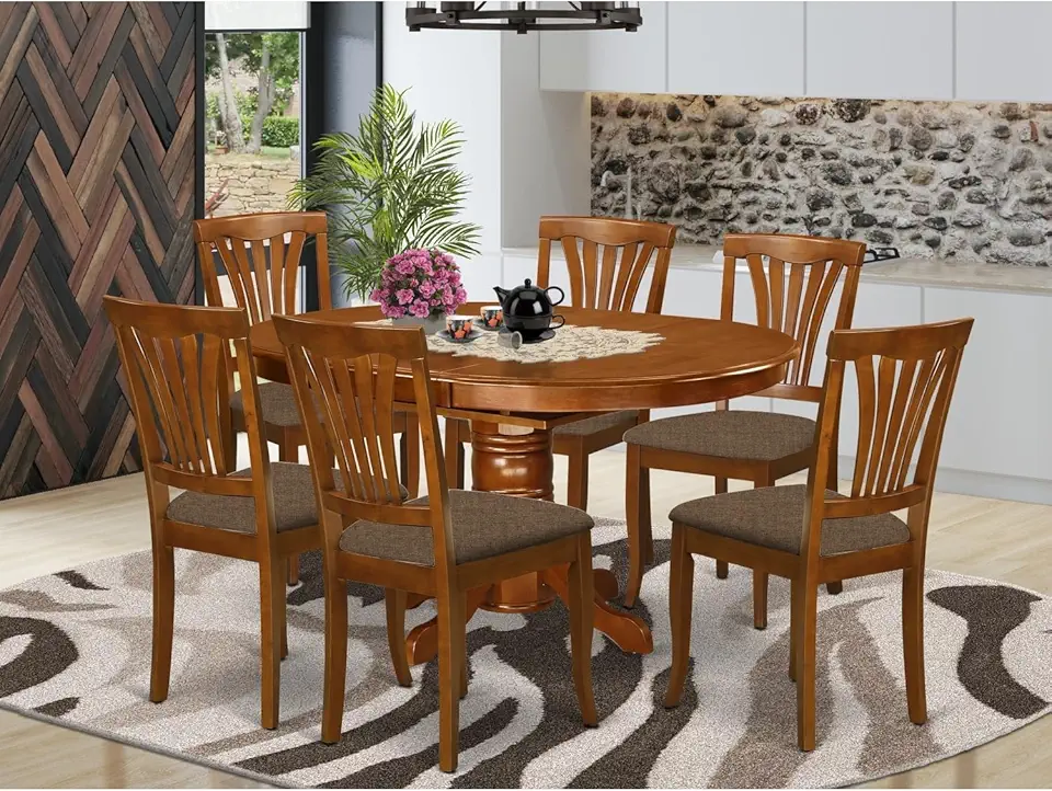 East West Furniture AVON7-SBR-C 7 Pc Avon Dinette Table Featuring Leaf and 6 Cushion Kitchen Chairs.