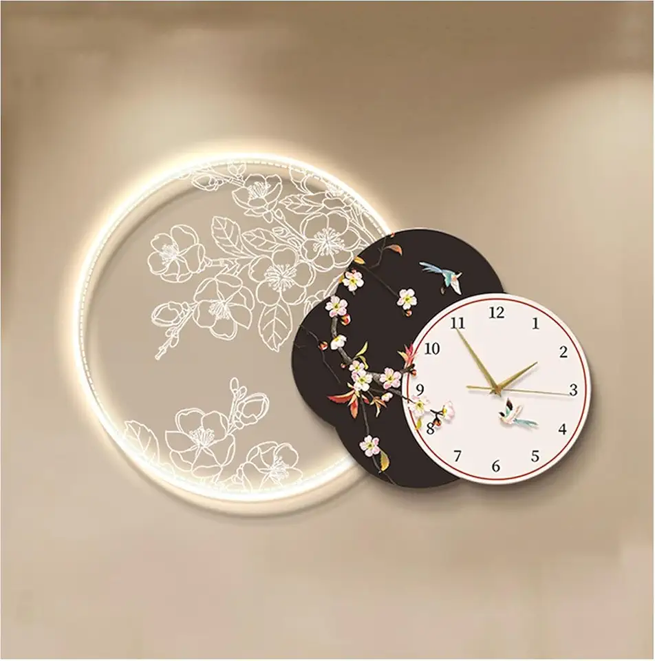 Vintage Style Led Lighted Wall Clock with Bird and Flower Decor Silent Non Ticking for Dining Room Living Room Bedroom Office Art Wall Clock Wall Clock Decorative Brown 100 * 70cm