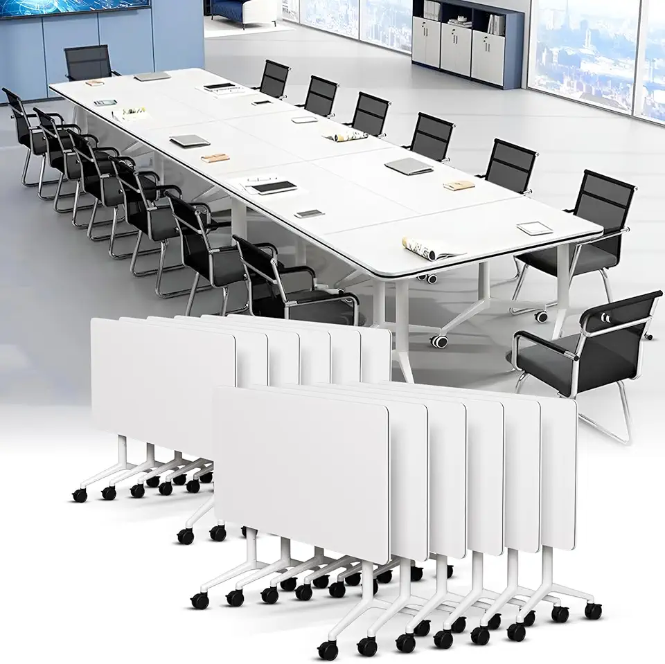Folding Conference Tables with Wheels,White Conference Room Table,Flip Top Nesting Table Rectangular Seminar Meeting Tables Suitable 2-10 People for Office Classroom (12, 70.8'')