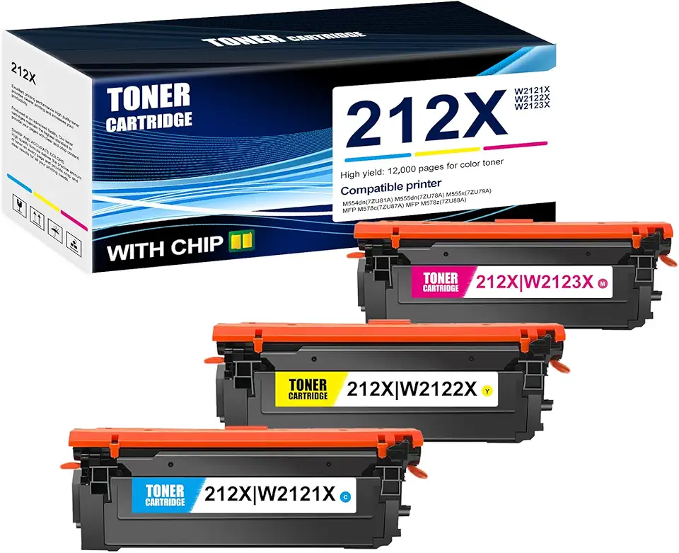 3-Pack C/M/Y 212X W2121X W2122X W2123X Toner Cartridge: Compatible 212X W2121X W2122X W2123X Replacement for HP M554dn(7ZU81A) M555dn(7ZU78A) M555x(7ZU79A) MFP M578c(7ZU87A) MFP M578z(7ZU88A) Printer