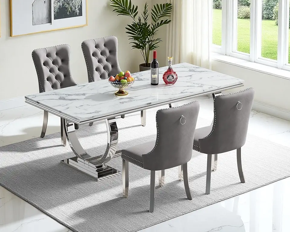 5 Piece Dining Table Set, White Faux Marble Dining Table with 4 Grey Velvet Dining Chairs, 68.11