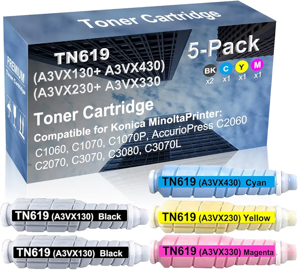 5-Pack (2BK+C+Y+M) Compatible High Yield TN619 (A3VX130+ A3VX430+ A3VX230+ A3VX330) Laser Printer Toner Cartridge Used for Konica Minolta AccurioPress C3070, C3080, C3070L Printer