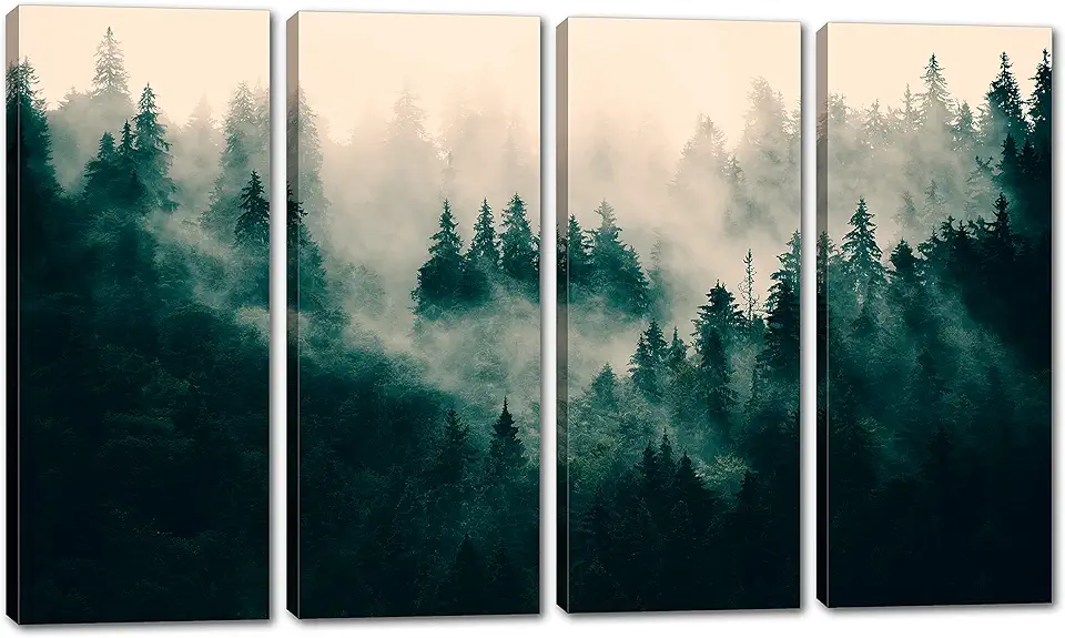 80 x 50 TOTAL - Foggy Dark Forest Canvas Print Wall Art 4 Panel Split Misty Mountain Pine Forest Landscape