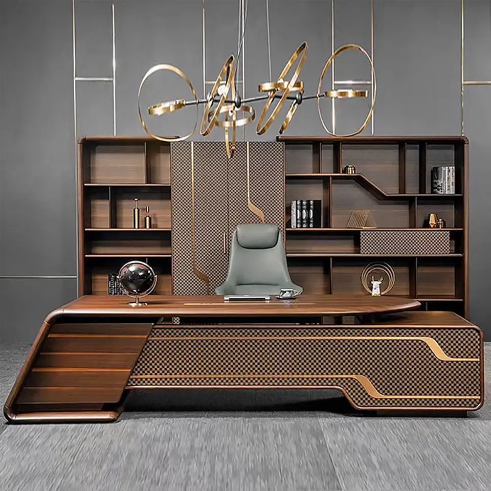 HOLIV Modern Executive Desk Business Workstation Home Office Desk with Metal Frame with Power Outlet and Drawer Cabinet L Shape Desk for Home Office Bedroom, 280cm