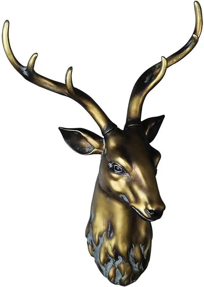 Animal Head Wall Decoration Sculpture 3D Deer Head Wall Hanging Lucky Resin Statue Bronze Finish 23X15X8 Inch