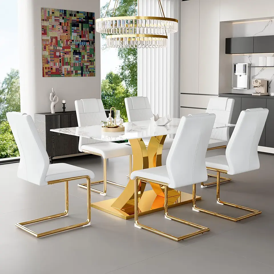 Marble Dining Table Set for 6,Modern 63'' White Gold Table with Switchable Shape Frame Legs and White Leather Dining Chairs,Kitchen Table and Chairs for Kitchen,Dining Room,Restaurant