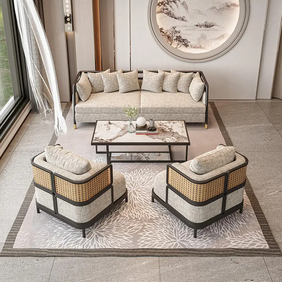 Office Reception Room Club Table, Negotiation Table and Chair Set, Small Conference Room with Cotton Linen Backrest Chairs 2 Single+3 Persons+A