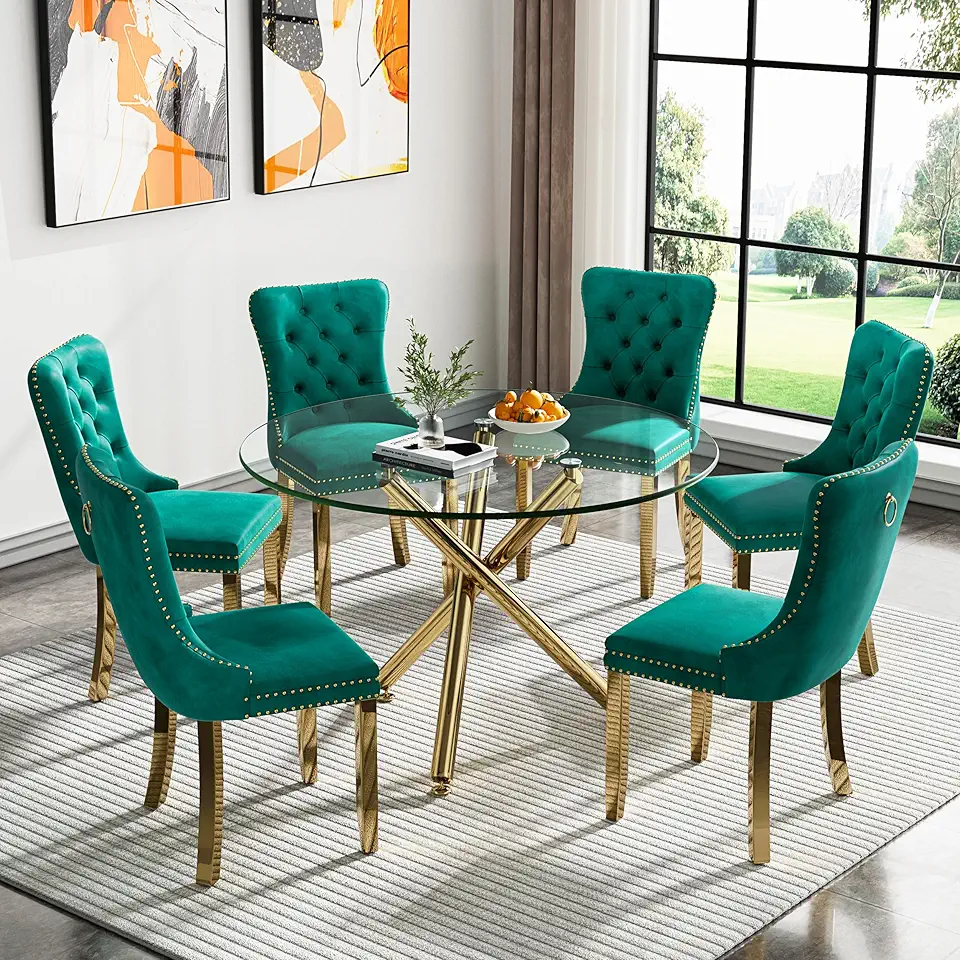 Henf 7 Piece Round Dining Table Set for 6, Modern Glass Kitchen Table and Chairs for 6, Gold Dining Room Table Set with 43.3