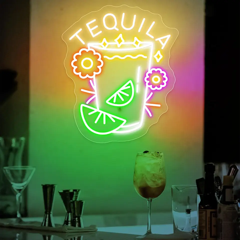 Tequila Neon Sign LARGE Size Remote Included – LED Cocktail Glass Wall Light Bar Decor for Home, Party, Kitchen, Pub – Colorful Neon Wall Art (Warm White Tequila - 32x40