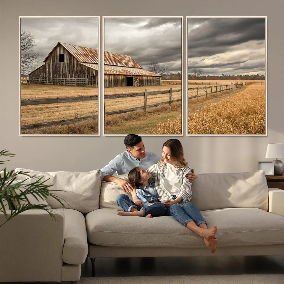 Old Barn Wall Art Canvas Print, Framed Rustic Barn Art Picture Print, Moody Farm Perfect Rustic Farmhouse Decor 3 Panel Floating Frame/Natural / 90