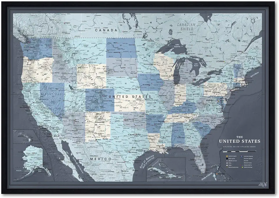 Sponsored Ad - Framed US Wall Map Pin Board | Personalized US Map With Pins to Mark Travels | Detailed and Modern Cartography USA Travel Map With Pins (Navy, 24 x 16)