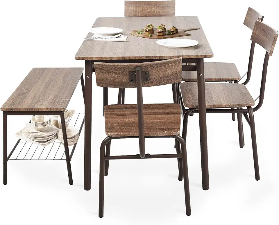 Industrial Kitchen Table Chairs Set of 6, Dining Room w/Storage Rack, Wooden Dining Table,4 Ergonomic Chair & 1 Bench, Stainless Steel Frame, Brown