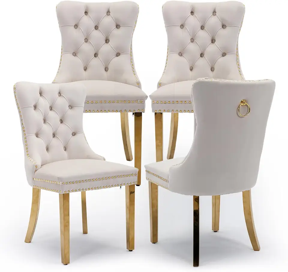 Velvet Upholstered Dining Chairs Set of 4, Modern Style Kitchen Side Chairs with Nailhead Trim and Gold Plated Leg, Metal Pulling Ring for Dining Room Living Room(Beige-Gold Plated Leg)