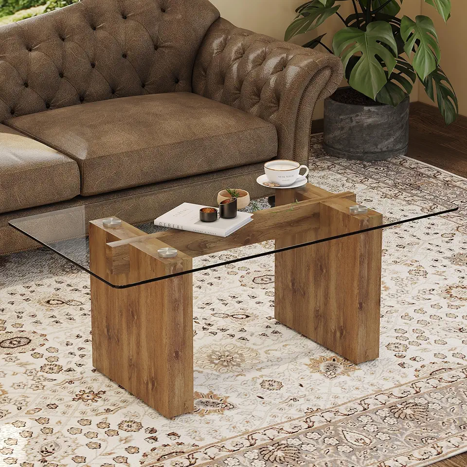 Glass Coffee Table for living room, modern rectangular tempered coffee table and dining table with wooden MDF decorative columns.