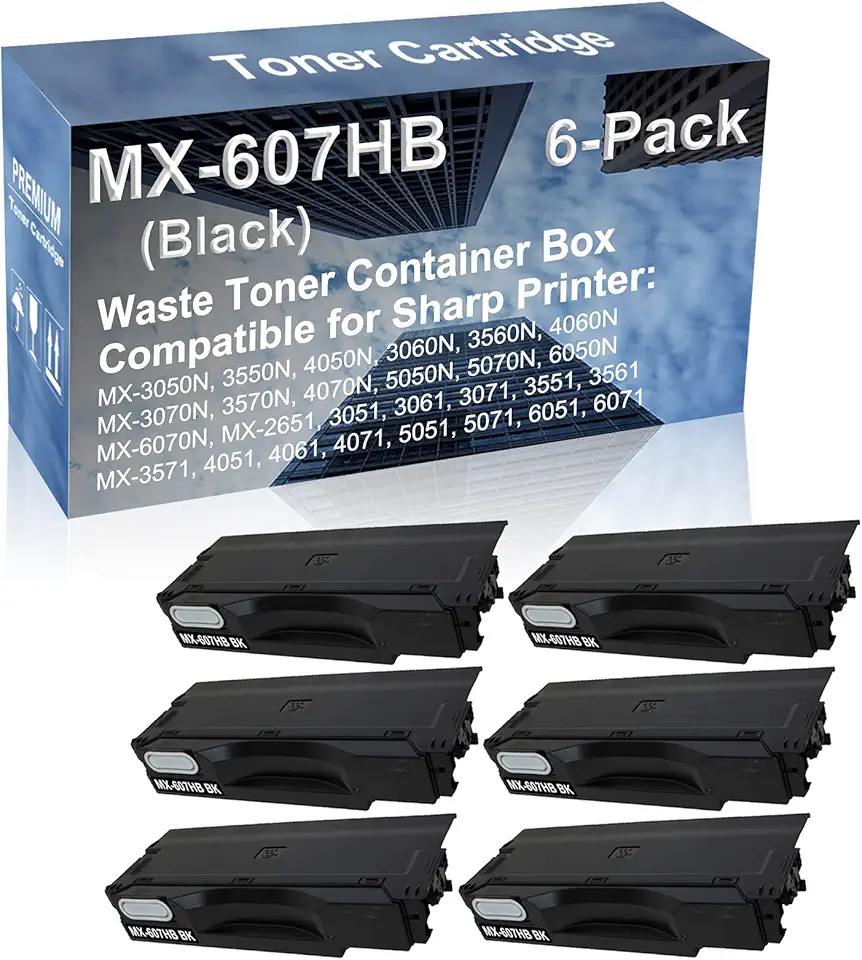 6-Pack Compatible High Capacity MX607HB MX-607HB Waste Toner Container Box use for Sharp 5050N, 5070N, 6050N, 6070N, MX-2651, 3051, 3061, 3071, 3551 Printer (Black)