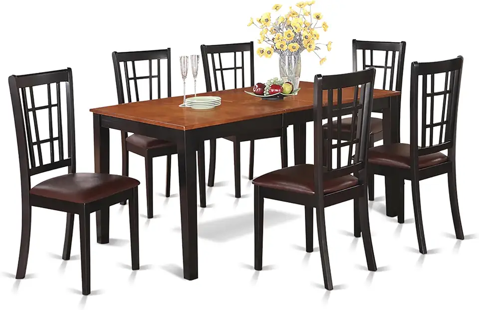 East West Furniture NICO7-BLK-LC 7 Piece Modern Dining Table Set Consist of a Rectangle Wooden Table with Butterfly Leaf and 6 Faux Leather Upholstered Chairs, 36x66 Inch, Black & Cherry
