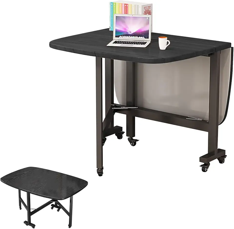 Extendable Dining Table With Wheels, Wooden Foldable Kitchen Table With 6 Wheels, Space-saving, Rectangle Collapsible Dining Table For Small Spaces Kitchen, Bedroom, Living Room(Black,100x60x75cm)