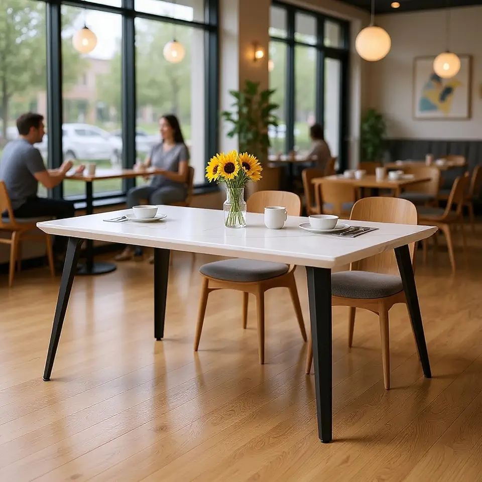 Homy Casa 63 Inch Dining Table with Flat Iron Legs and Adjustable Feet, Modern Rectangular Restaurant Table with Premium Edge Finishes for Dining Room and Commercial Use (White Marble)