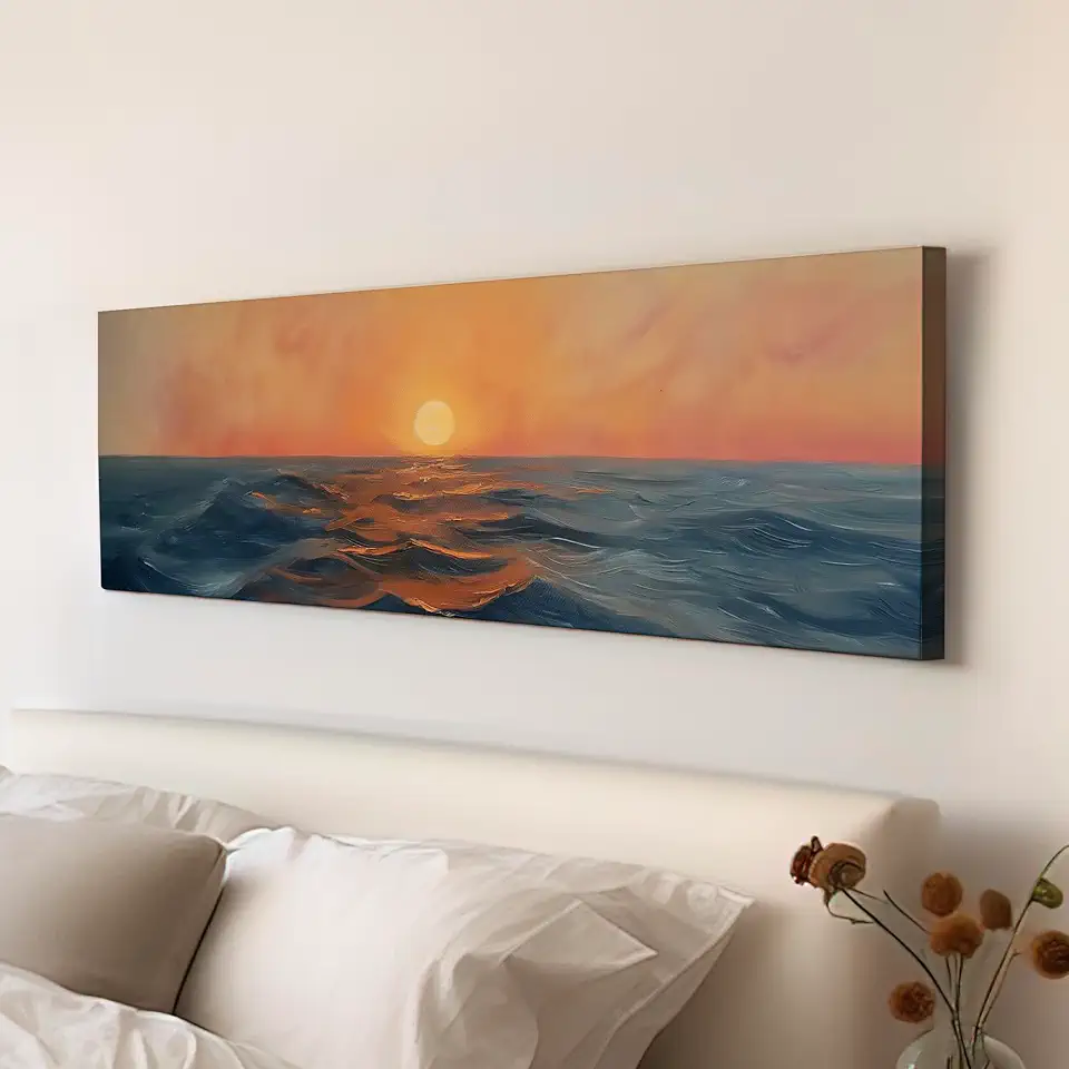 My Sweet Hideout Sunset Over The Ocean Above Bed Wall Art Modern Abstract, Panoramic Sunrise Canvas Print, Seascape Long Horizontal Canvas Art 30x90