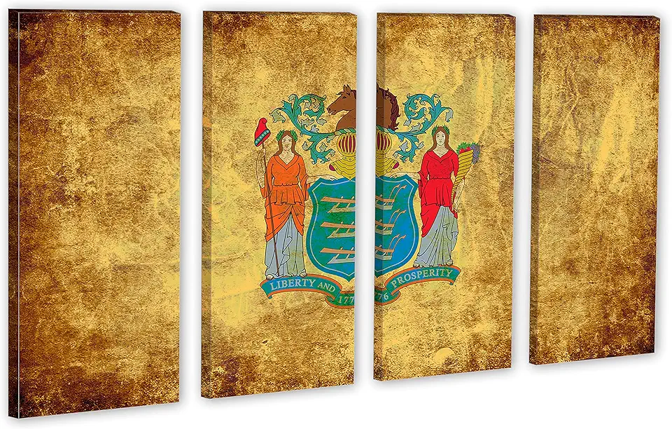 80 x 50 TOTAL - New Jersey Flag Grunge Wall Art Canvas Print rustic 4 Panel Split. State Flag Home decor