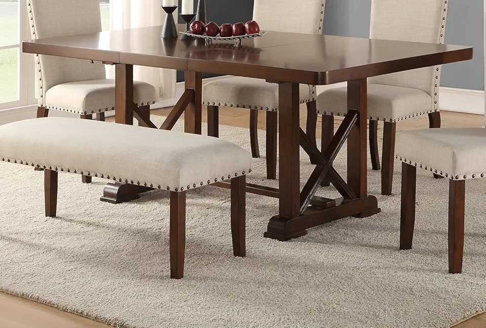 Cherry Veneer Dining Table with Extension Leaf and Decorative W-Leg Support
