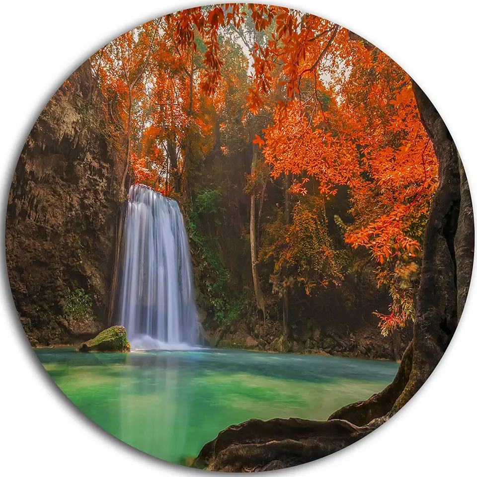 Designart Erawan Waterfall Photography Round Wall Art-Disc of 23 inch, 23'' H x 23'' W x 1'' D 1P, Orange/Green